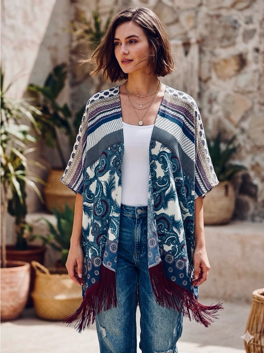 By Together Teal Paisley Open-Front Kimono with Fringe